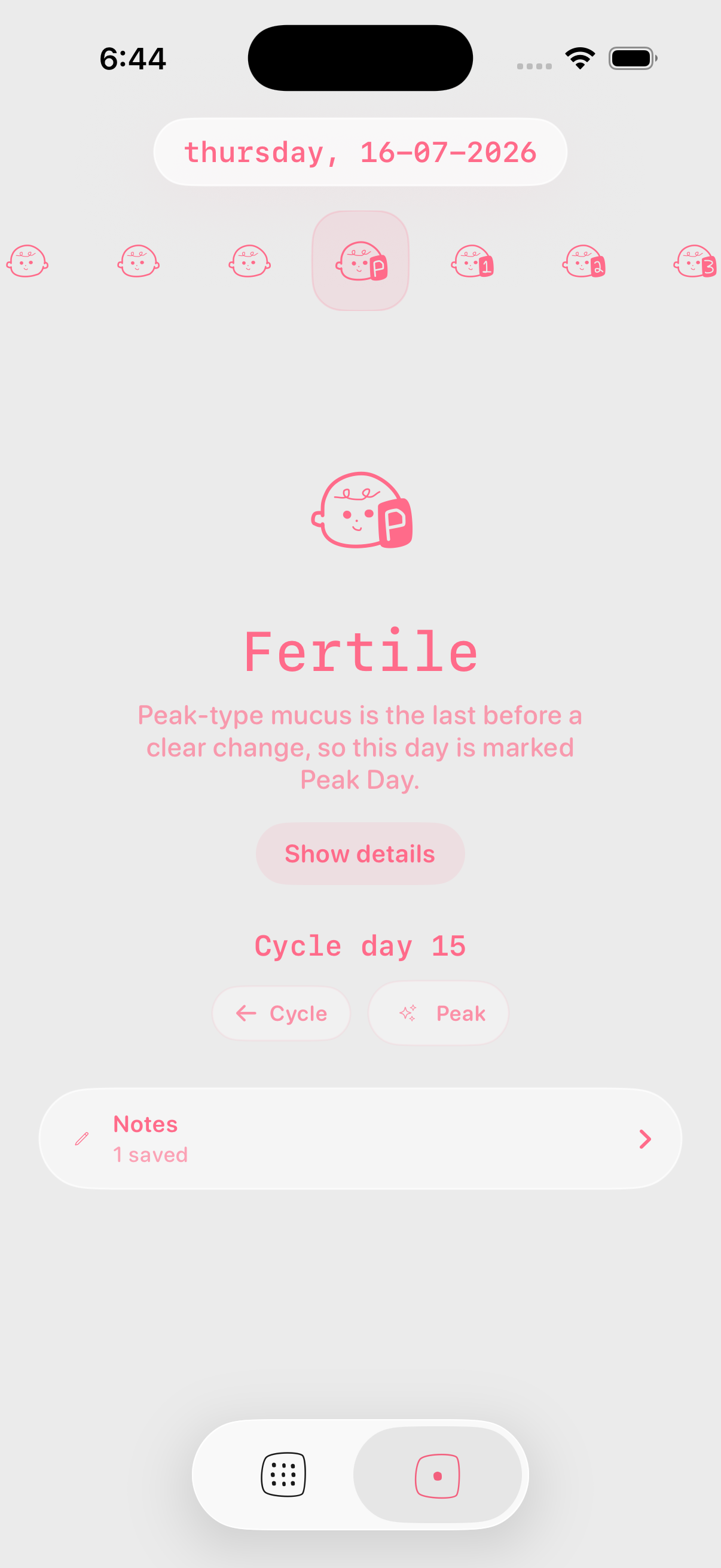 Sprig daily view showing a completed fertile-day observation
