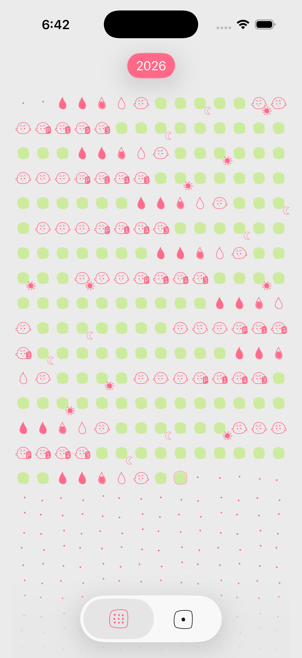 Sprig year view showing several realistic cycles in a quiet grid of hand-drawn fertility symbols